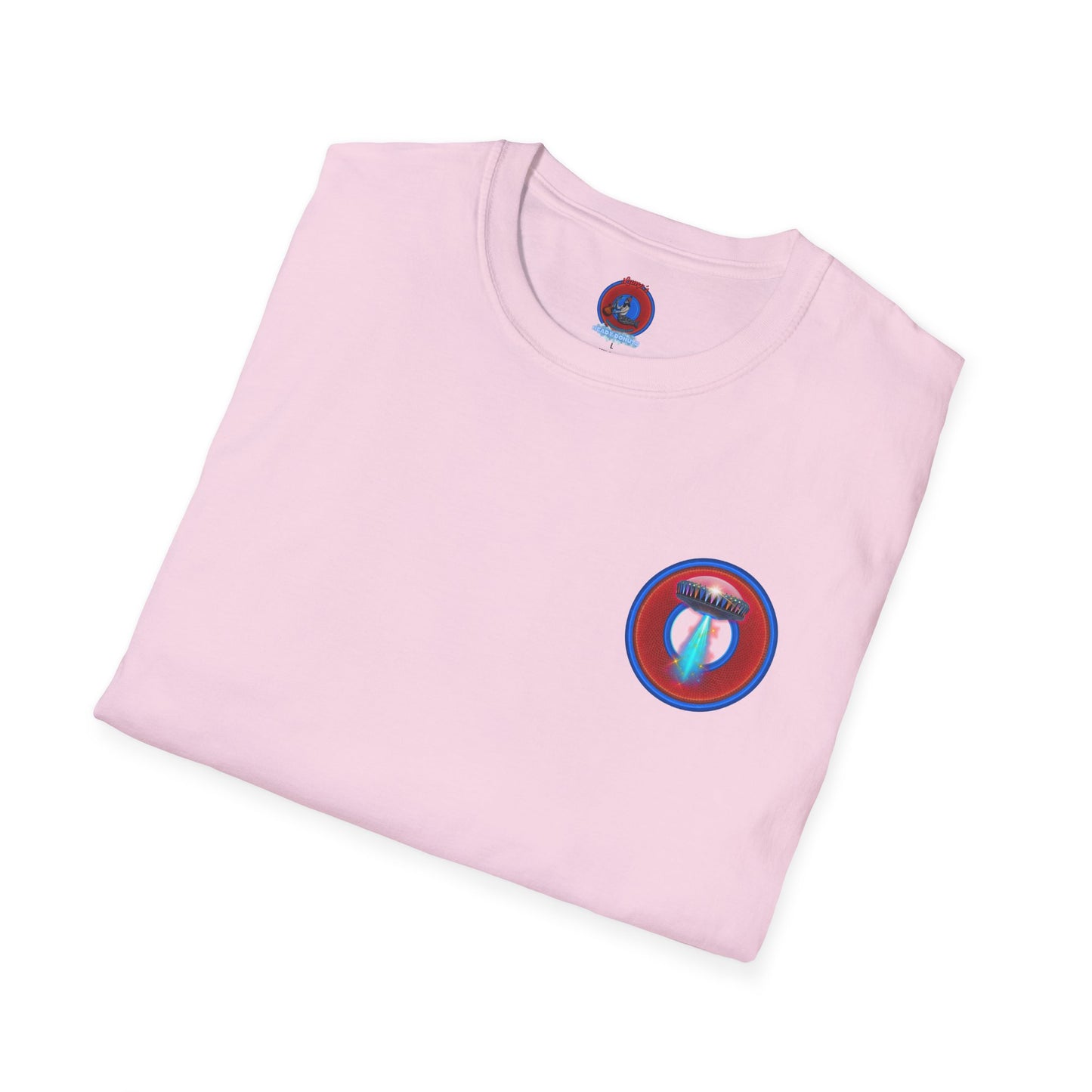 Classic Donut Tee - Unisex Soft-Style - "Donuts now Served on the Mothership" - red/blue donut
