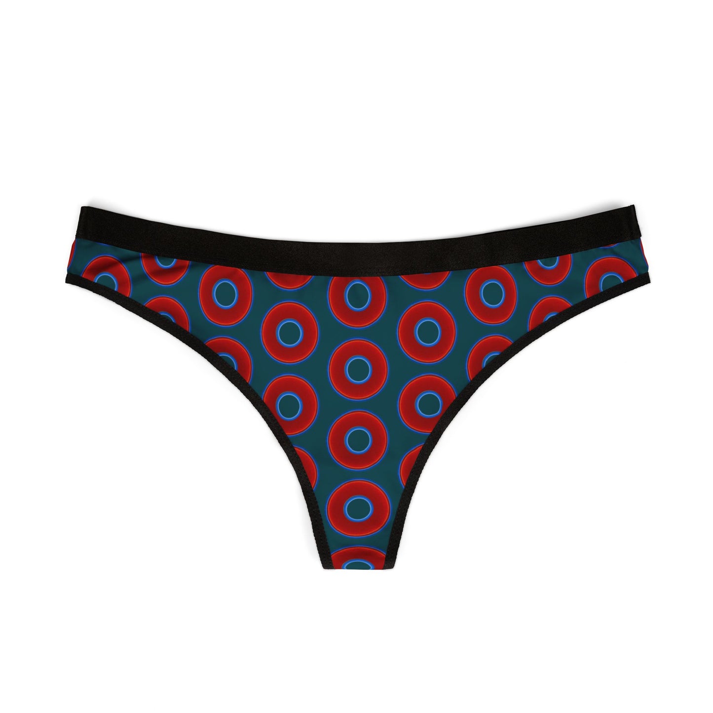 Lumpy Donut Thongs - red vivid donut print w/midnight teal green background