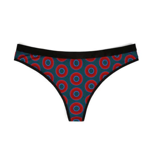 Lumpy Donut Thongs - red vivid donut print w/midnight teal green background