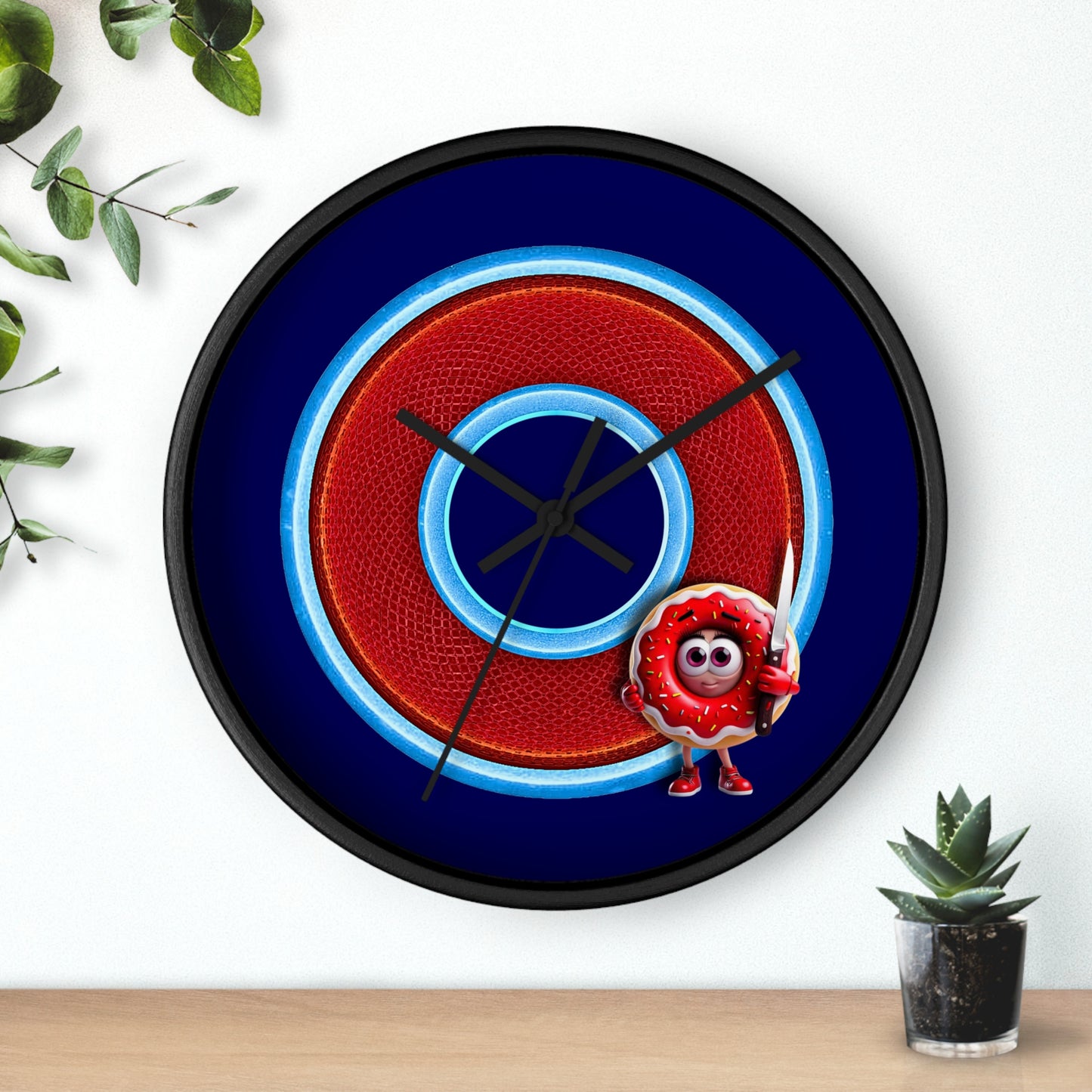 Lumpy Wall Clock - "My Phriend the Donut" - variant 1 - rustic red donut w/navy blue background