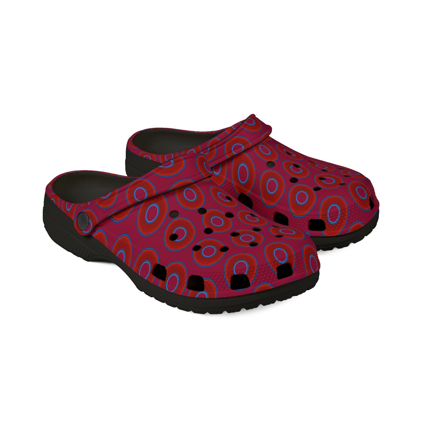 Spatchcocks - donut slip-on shoes - vivid red donuts w/dark magenta background [unisex]