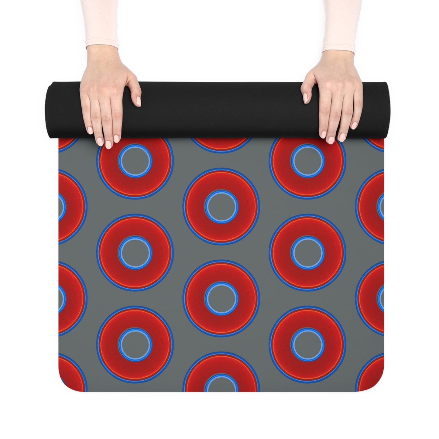Lumpy Donut Yoga Mat :) - 24″ x 70" - vivid red donut print w/dark gray background
