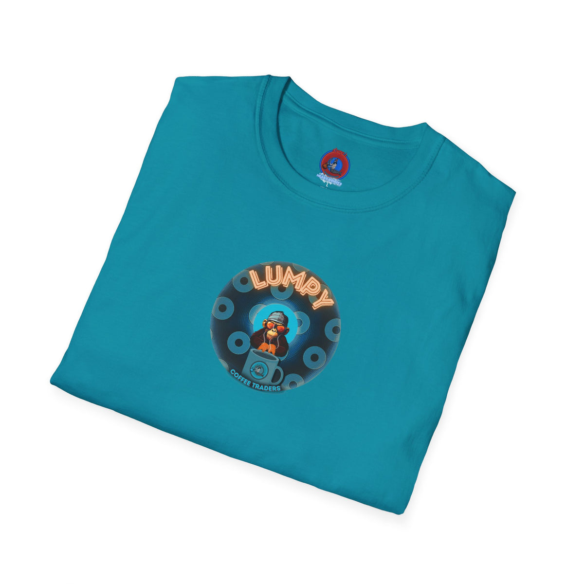 Coffee Traders Tee - Unisex Soft-Style - "Tasty Coffee" - paradoxical donut/cubed blue donut - variant 2 - logo front/It's Ice Cube's back