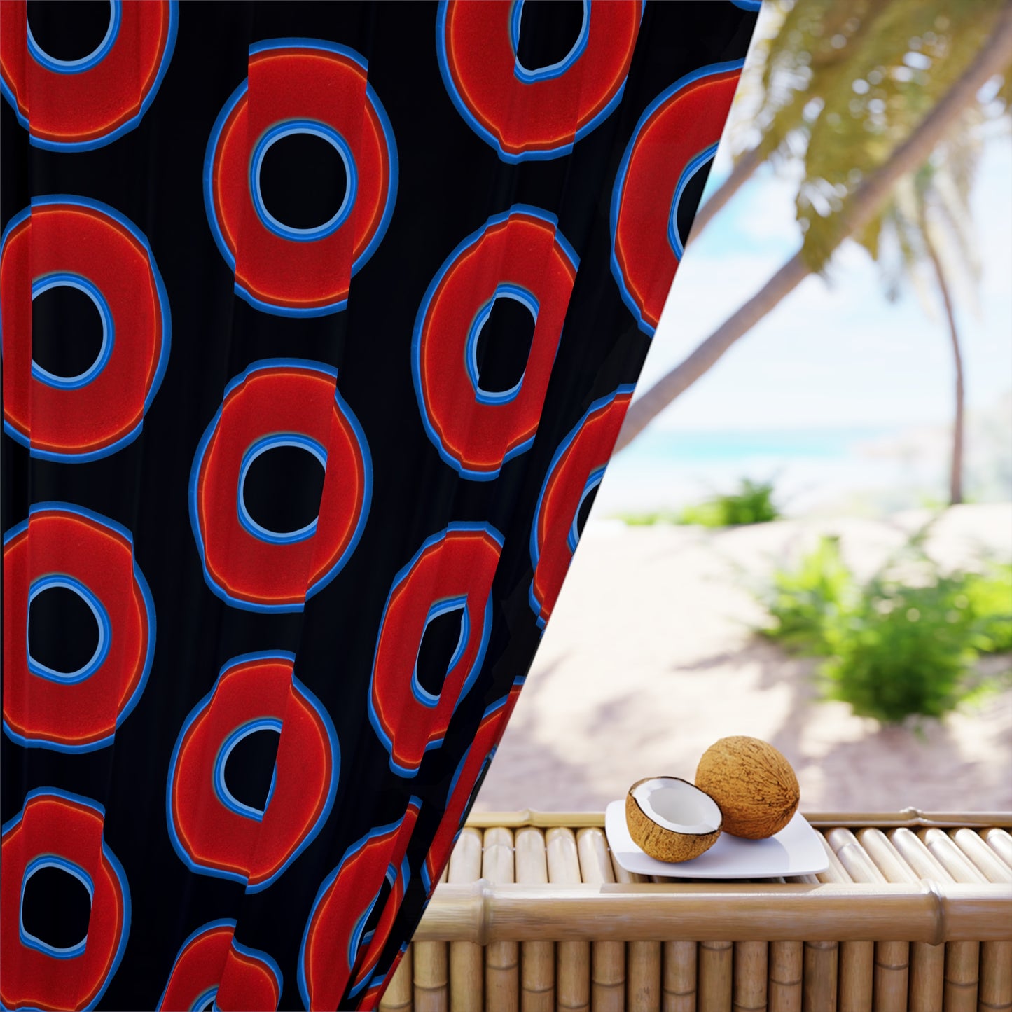 Lump's Heady Curtain w/Donuts - vivid red donut print - w/black background - [*1 Piece / 50" x 84"]