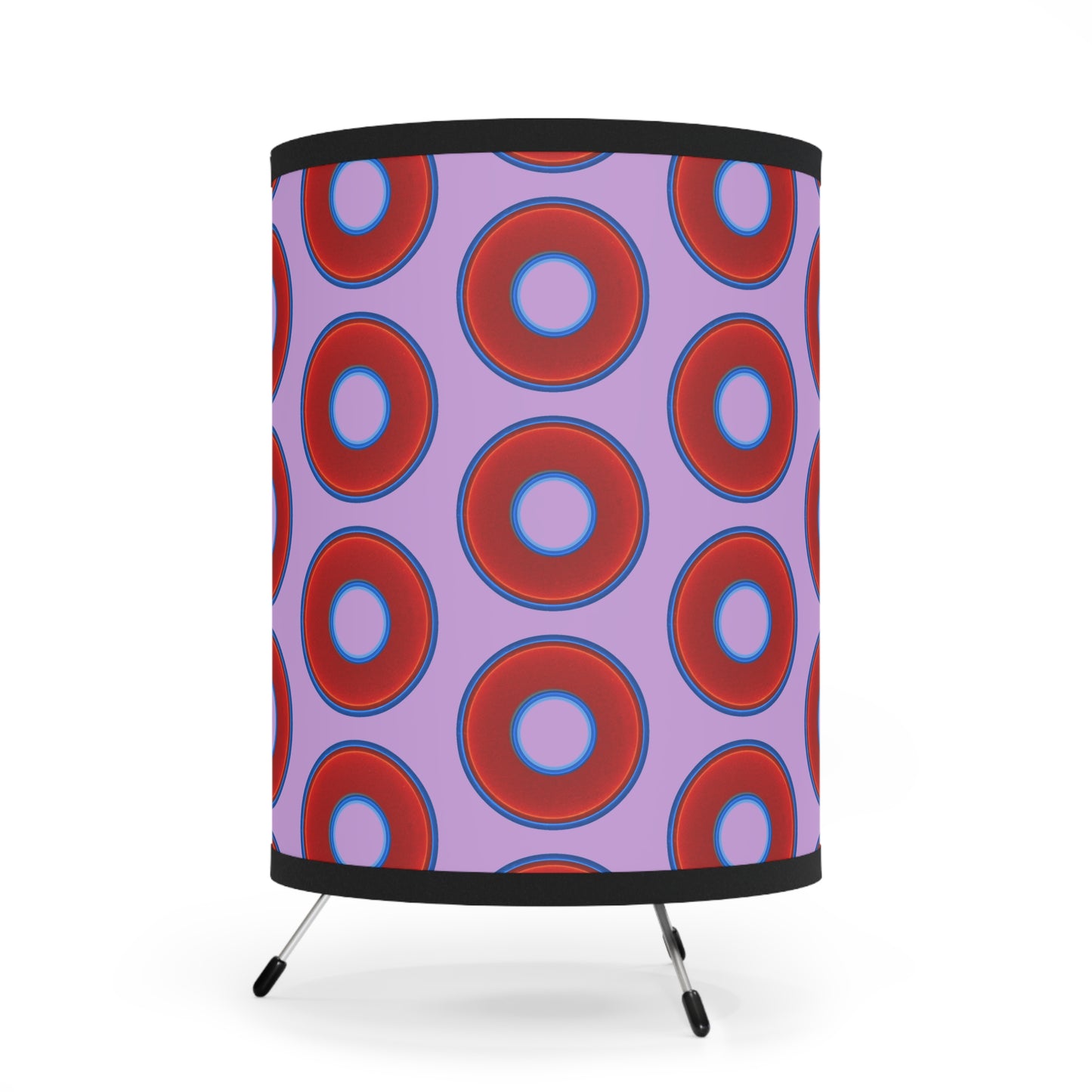 Lumpy Tripod Donut Lamp - vivid red donuts w/wisteria purple background