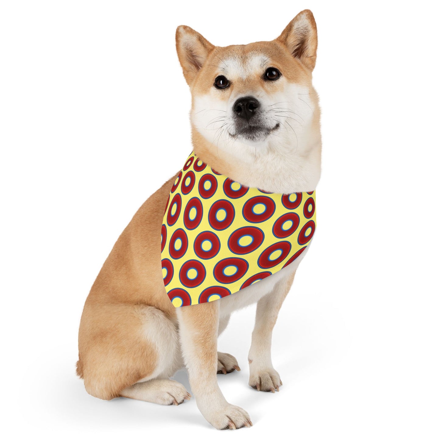 Jim's Lumpy Bandana Pet Collar - vivid red donuts w/yellow background
