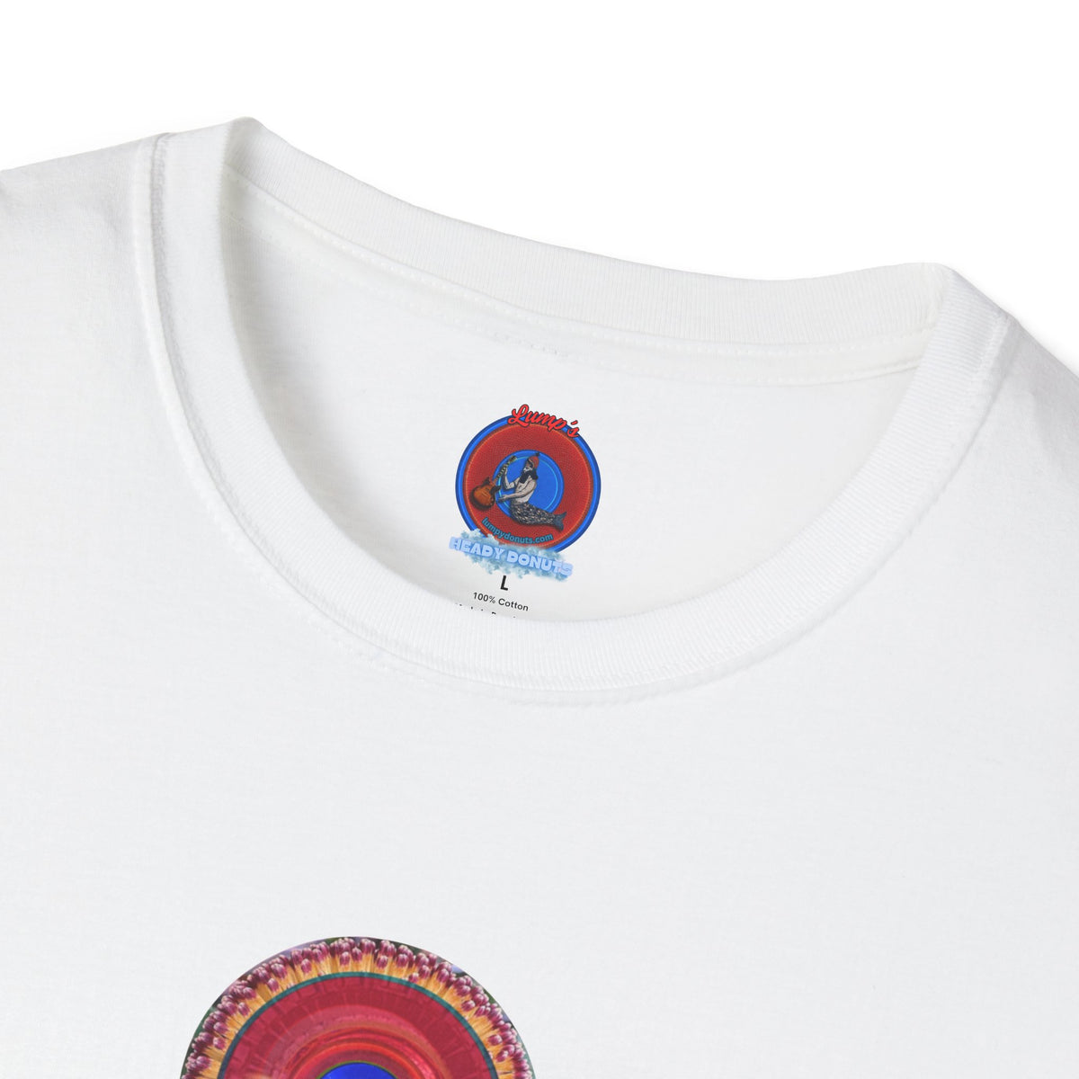 Classic Donut Tee - Unisex Soft-Style - "Smell the Donuts Outside on my Lawn"  " variant 2 - blue donut on red donut/flower