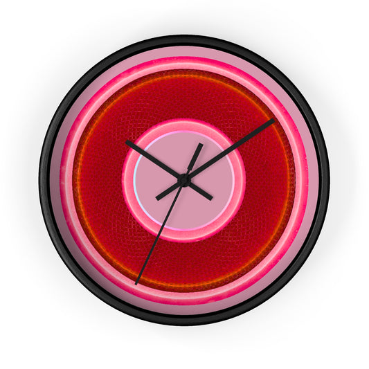 Lumpy Wall Clock - red rustic donut w/pink edging - variant 3 w/pale magenta background