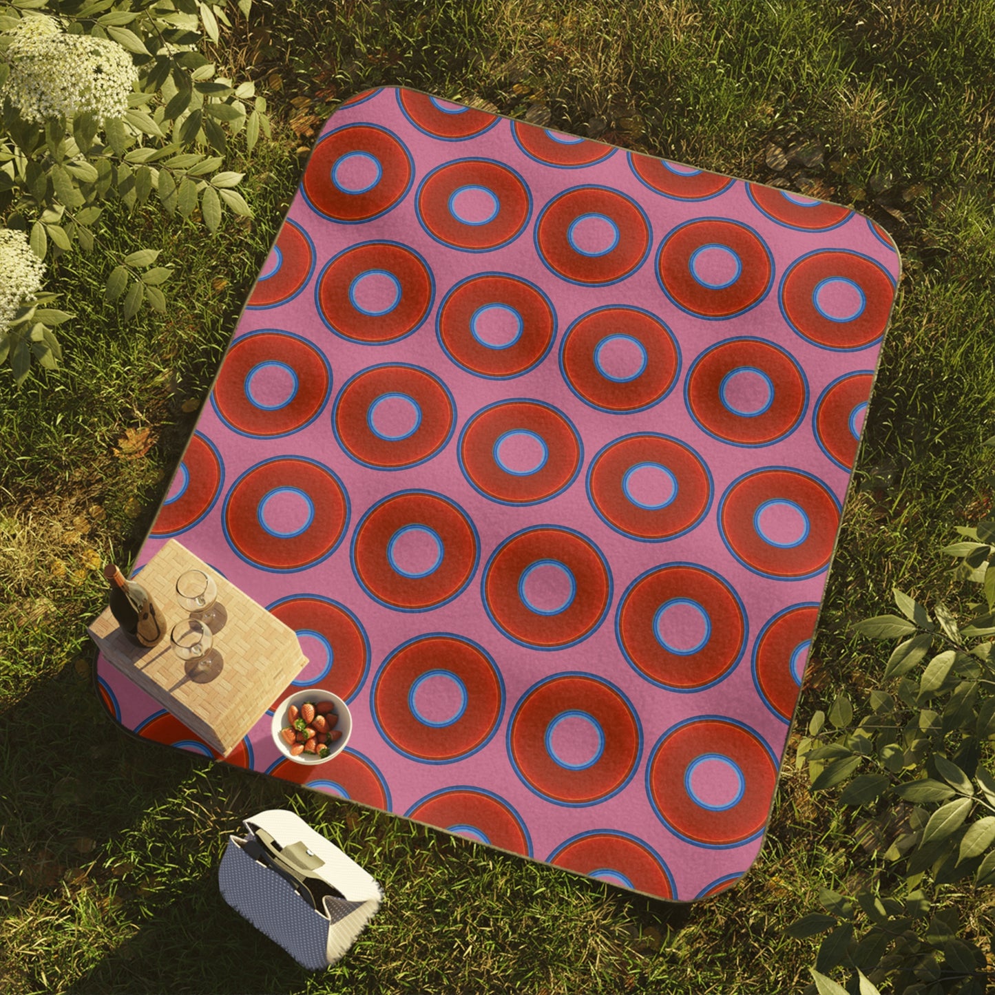 The Lumpy Party Blanket - giant water-resistant outdoor blanket [61" x 51"] - vivid red donuts w/pink background