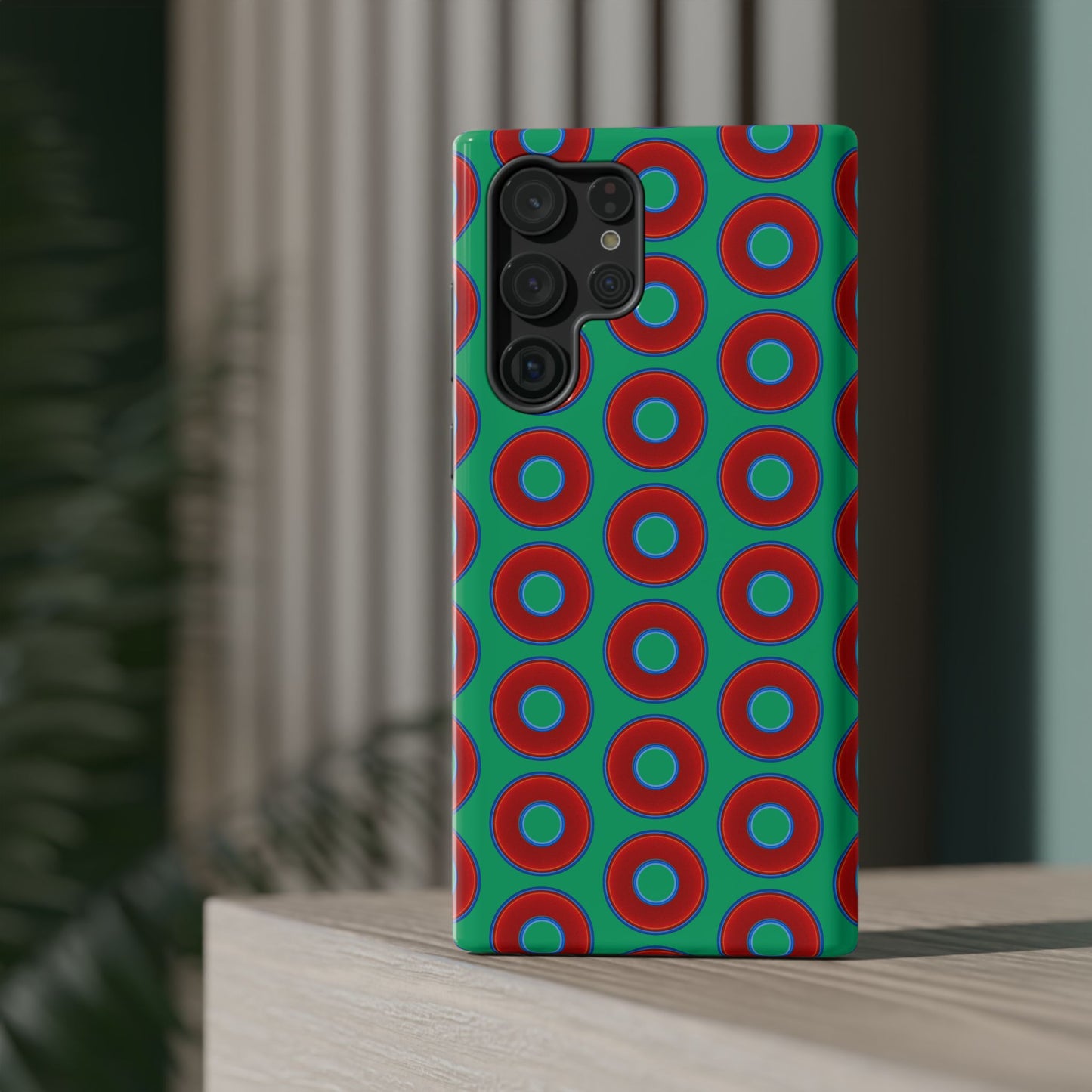 Impact-Resistant Lumpy Donut Case - red vivid donut print w/jade green background