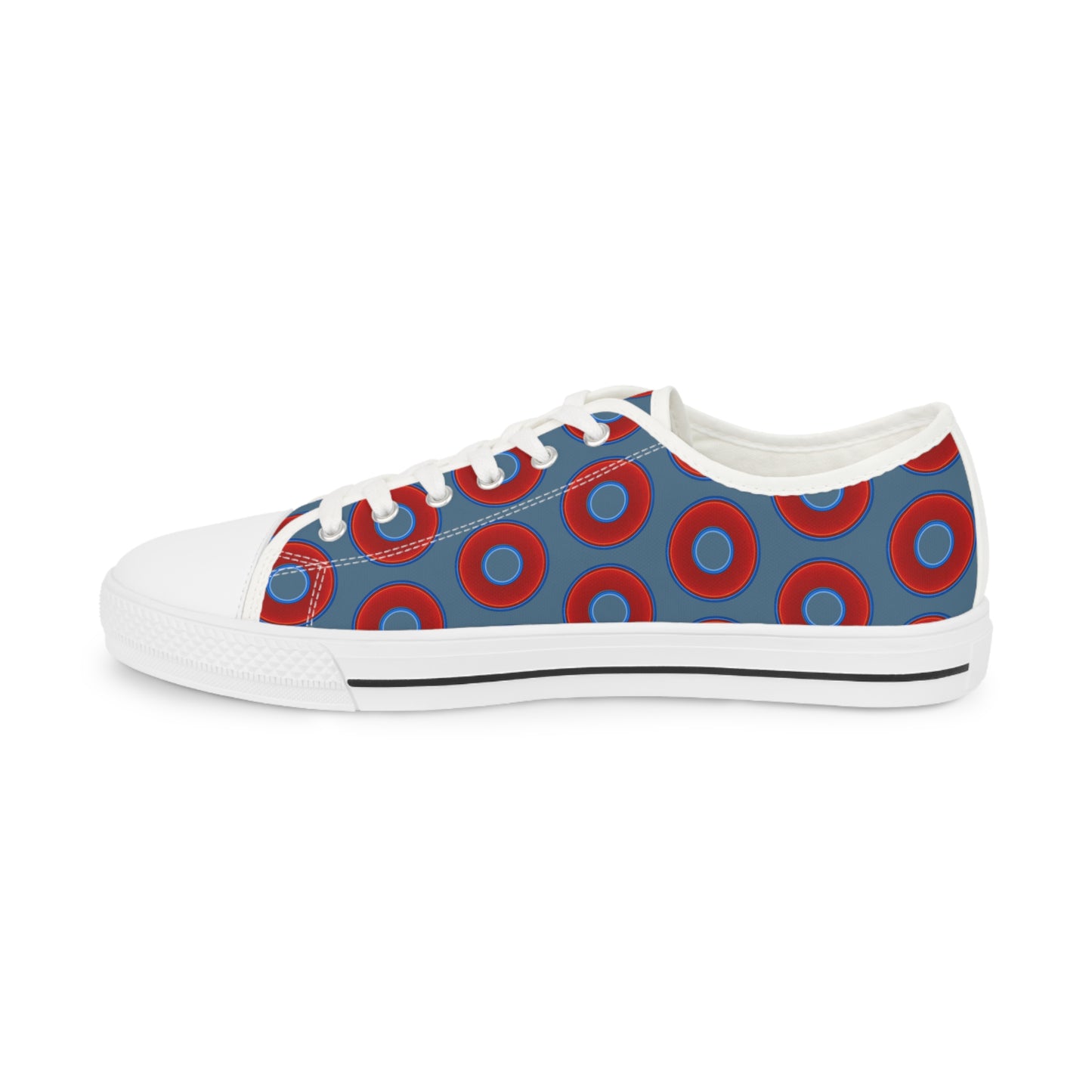 Men's - Low Top Chuck Taylors - large vivid red donut print w/steel blue background