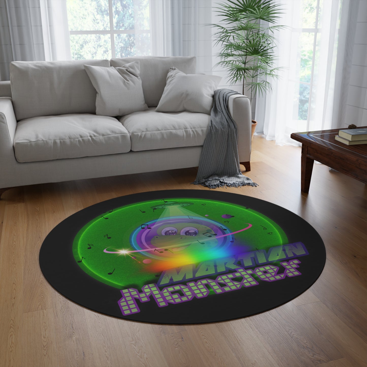 Round Room - 5 ft x 5 ft Lumpy Donut Rug - "My Phavorite Martian" - vivid green donut w/black background