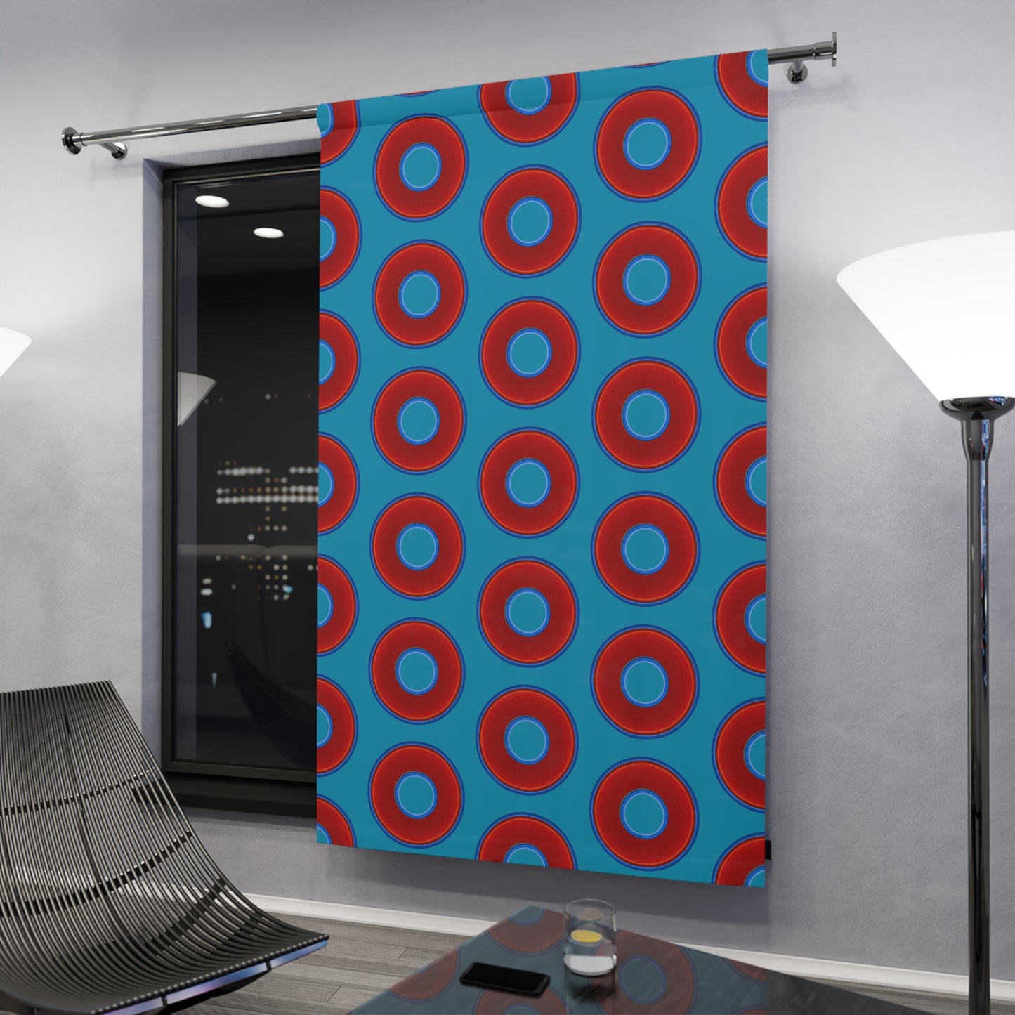 Lump's Heady Curtain w/Donuts - vivid red donut print - w/aquamarine blue background - [*1 Piece / 50" x 84"]
