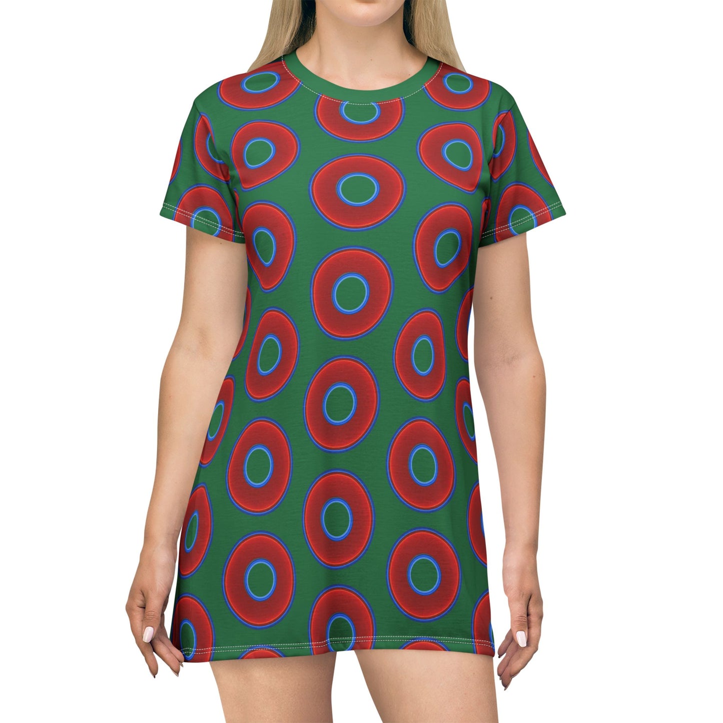 Not a Muumuu AOP Tee Shirt Dress - red vivid donuts w/purple background