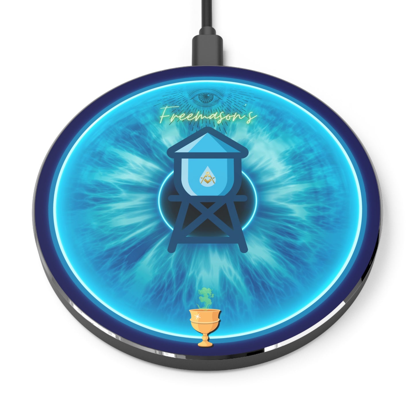 The Flow - Wireless Lumpy Donut Chargers - "The Peering Wireless Donut of Opacity " - vivid light blue idonut w/dark blue background - variant 2