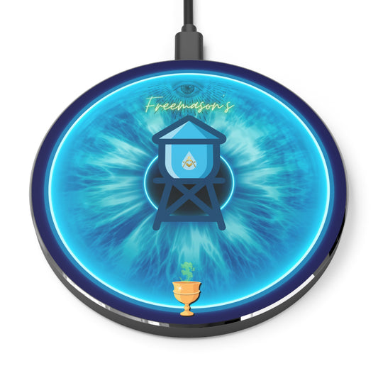 The Flow - Wireless Lumpy Donut Chargers - "The Peering Wireless Donut of Opacity " - vivid light blue idonut w/dark blue background - variant 2