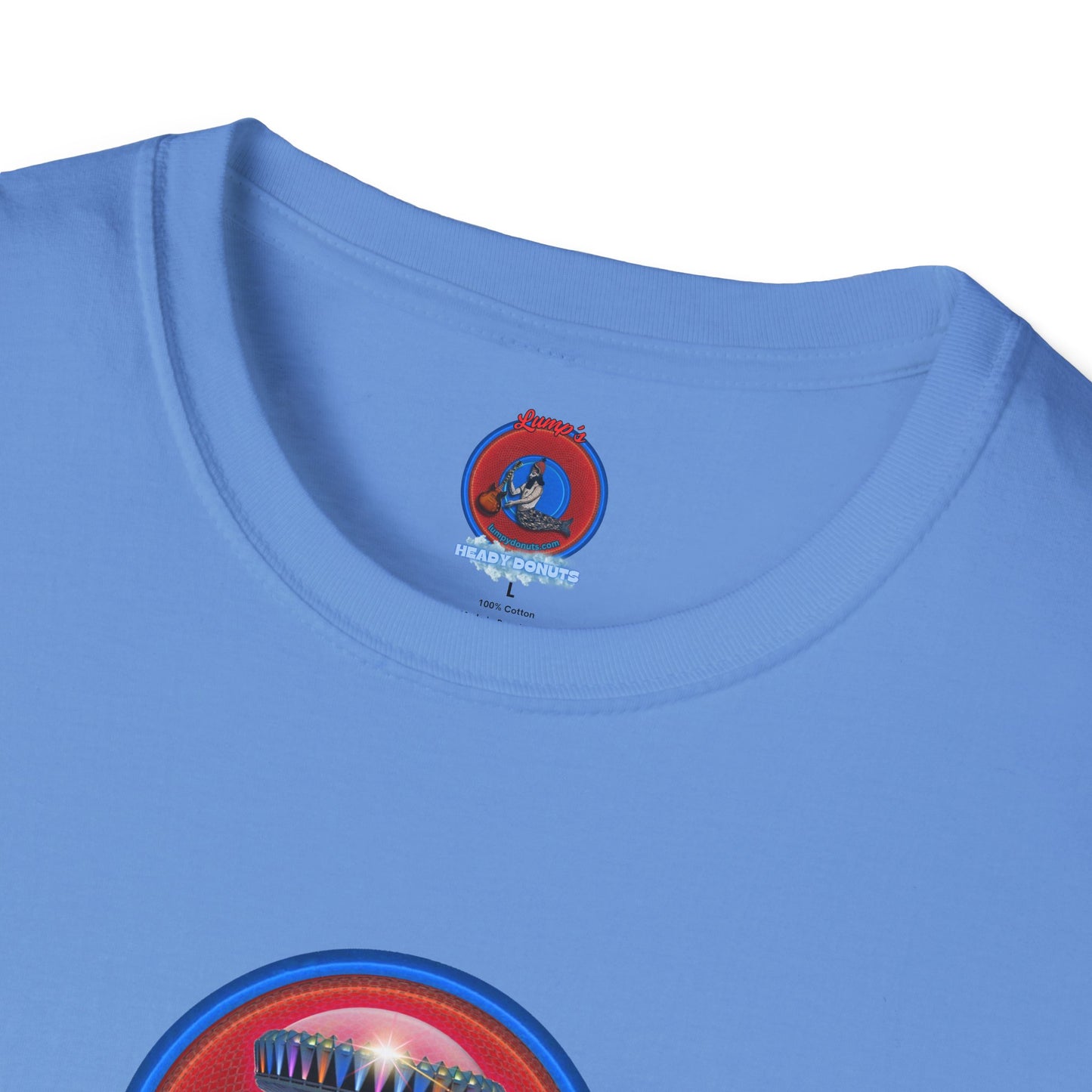 Classic Donut Tee - Unisex Soft-Style - "Donuts now Served on the Mothership" - red/blue donut