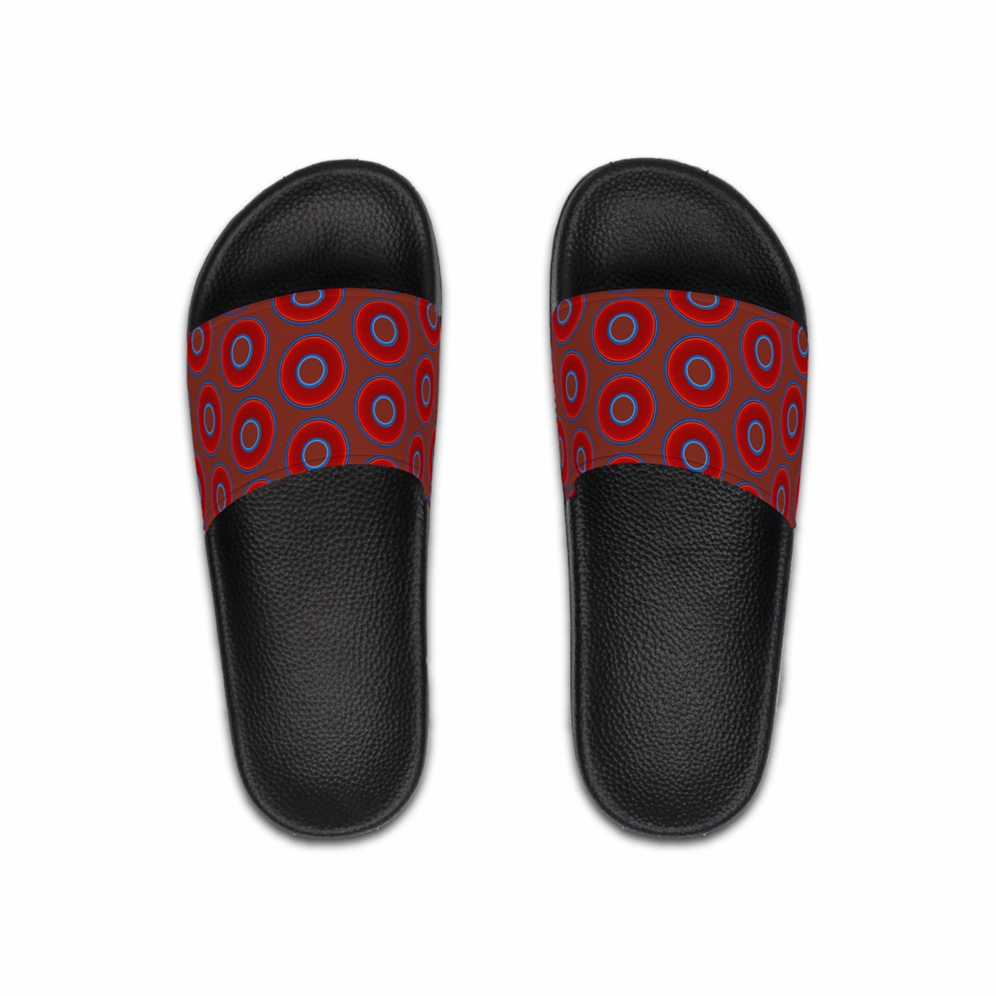 Men's Lumpy Sandals - slip-ons - red vivid donuts w/burnt umber background