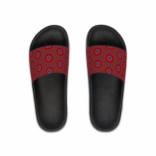Men's Lumpy Sandals - slip-ons - red vivid donuts w/burnt umber background