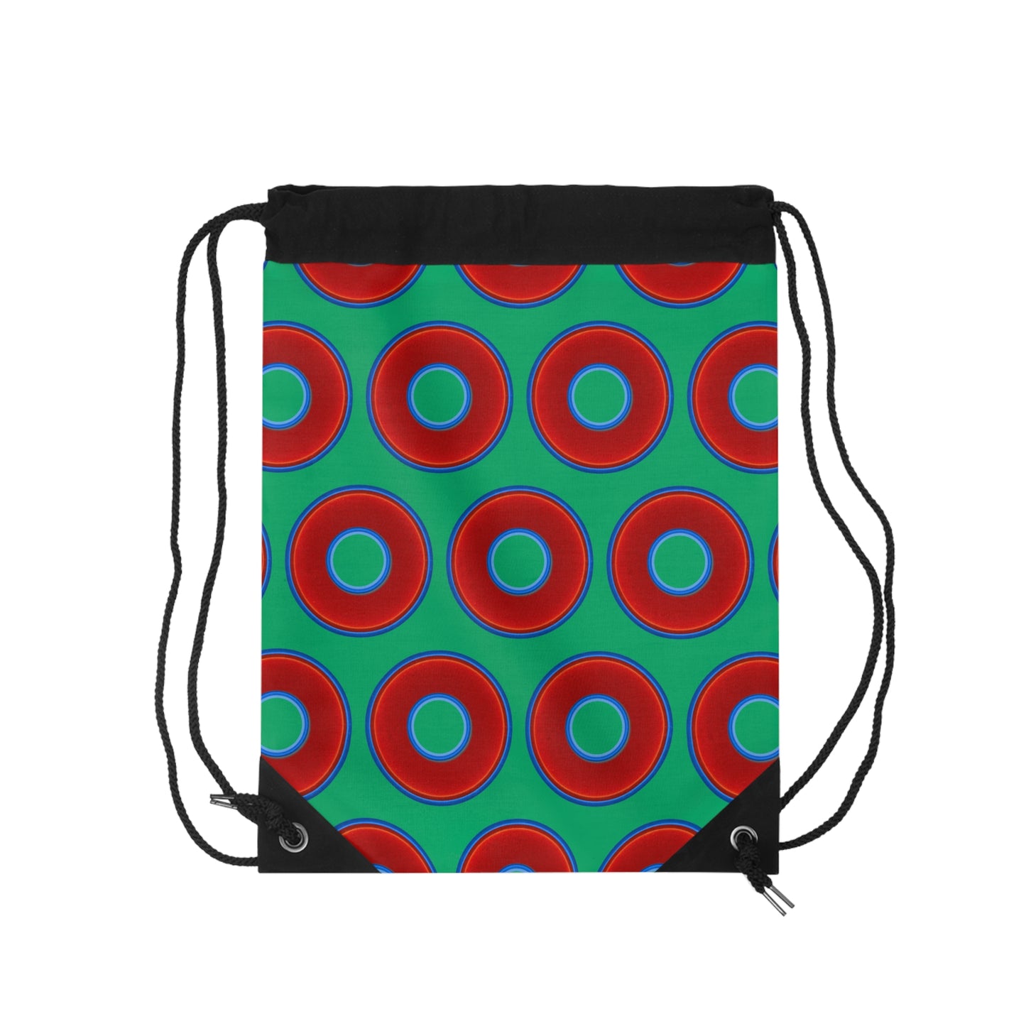 Donut Drawstring Bag - red vivid donuts print w/jade green background