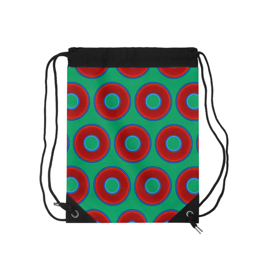Donut Drawstring Bag - red vivid donuts print w/jade green background