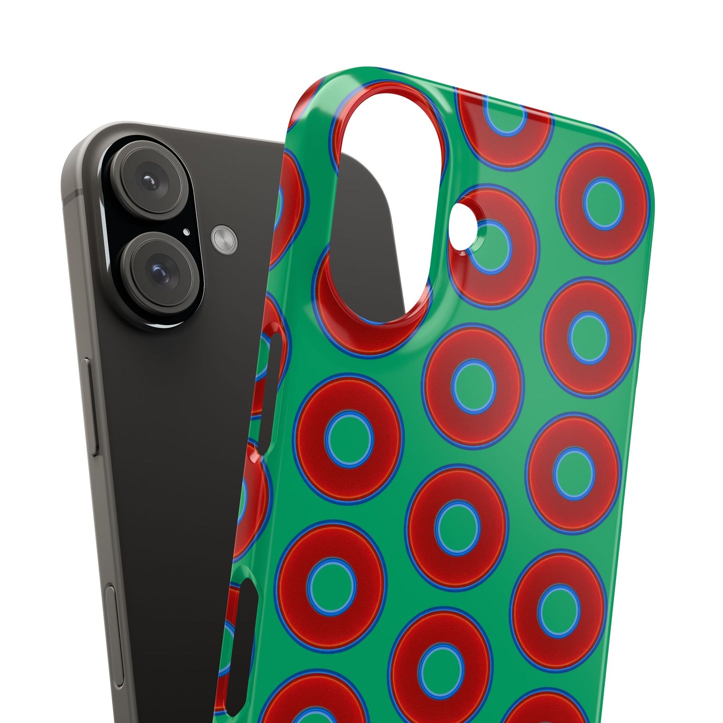 Lumpy Donut Snap Case - red vivid donut print w/jade green background