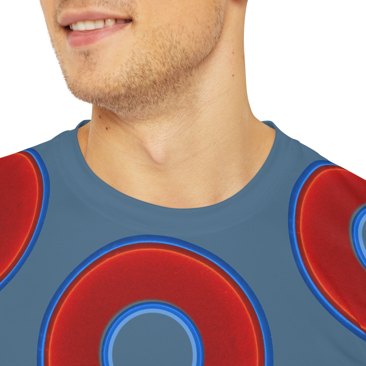 Multi-Beastie Giant Donut AOP Polyester Tee - red vivid donut print w/steel blue background