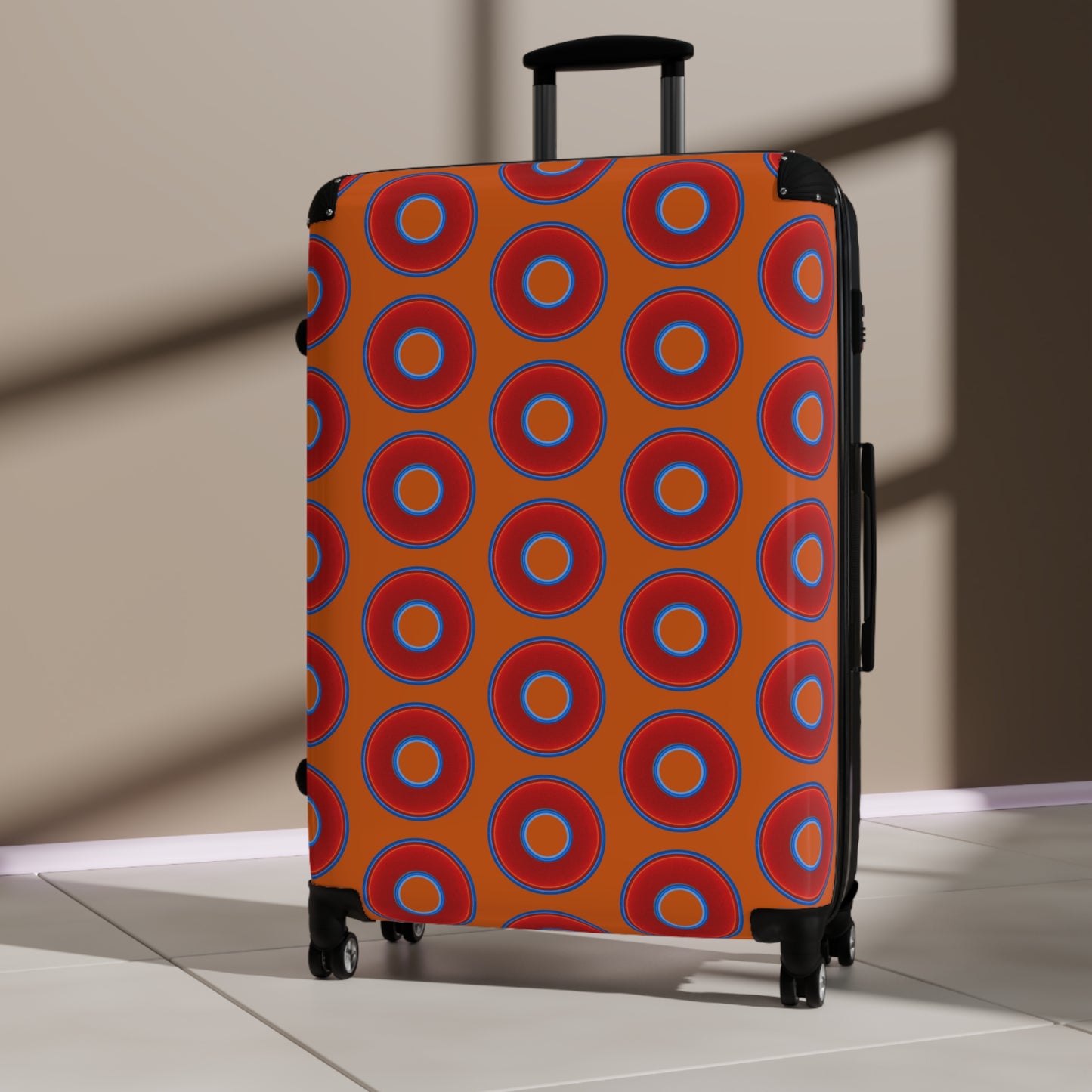 The Very Lumpy Donut Suitcase series - your choice of S, M or L - vivid red donut print w/dark orange background