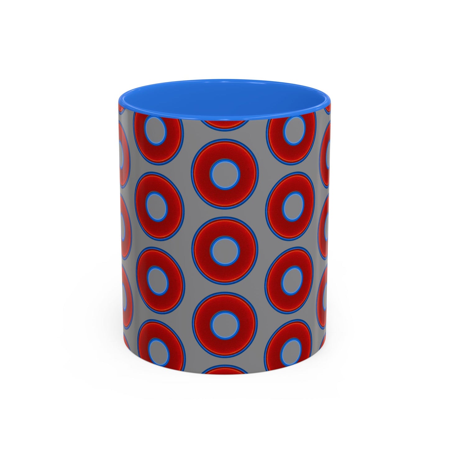 Lump's Grumpy Coffee Mug - vivid red donuts w/gray background