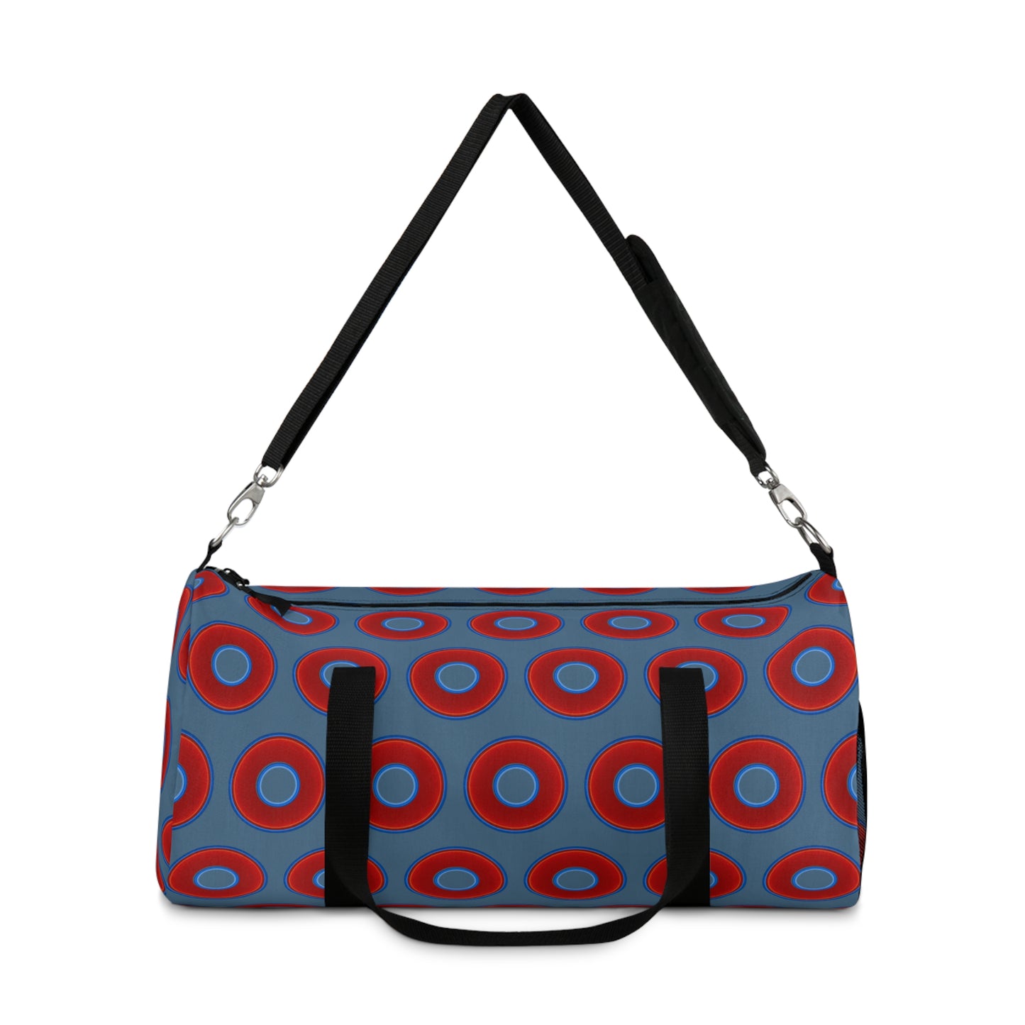 Lumpy Duffel - vivid red donuts w/steel blue background