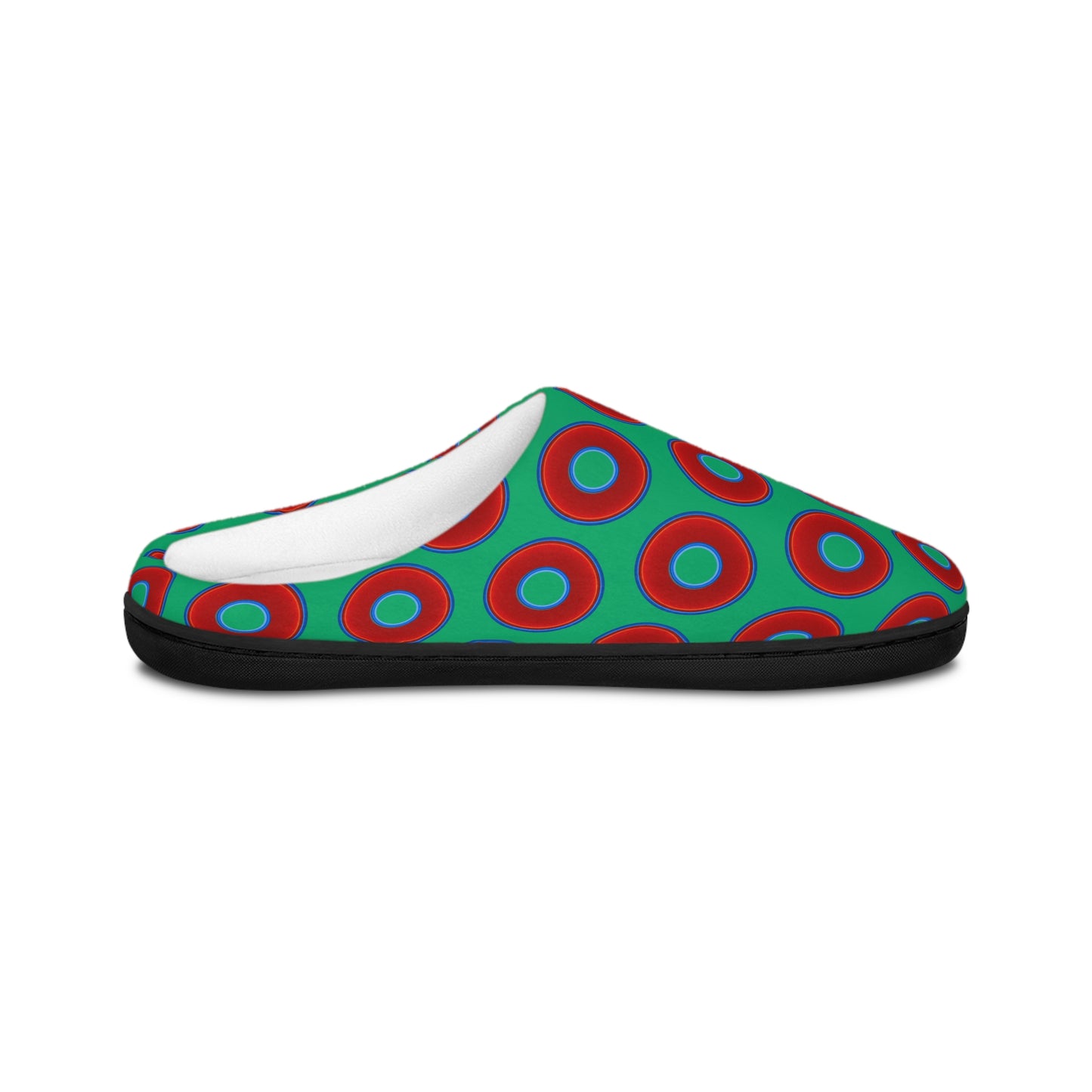Men's Lumpy Slippers - red vivid donut print w/jade green background