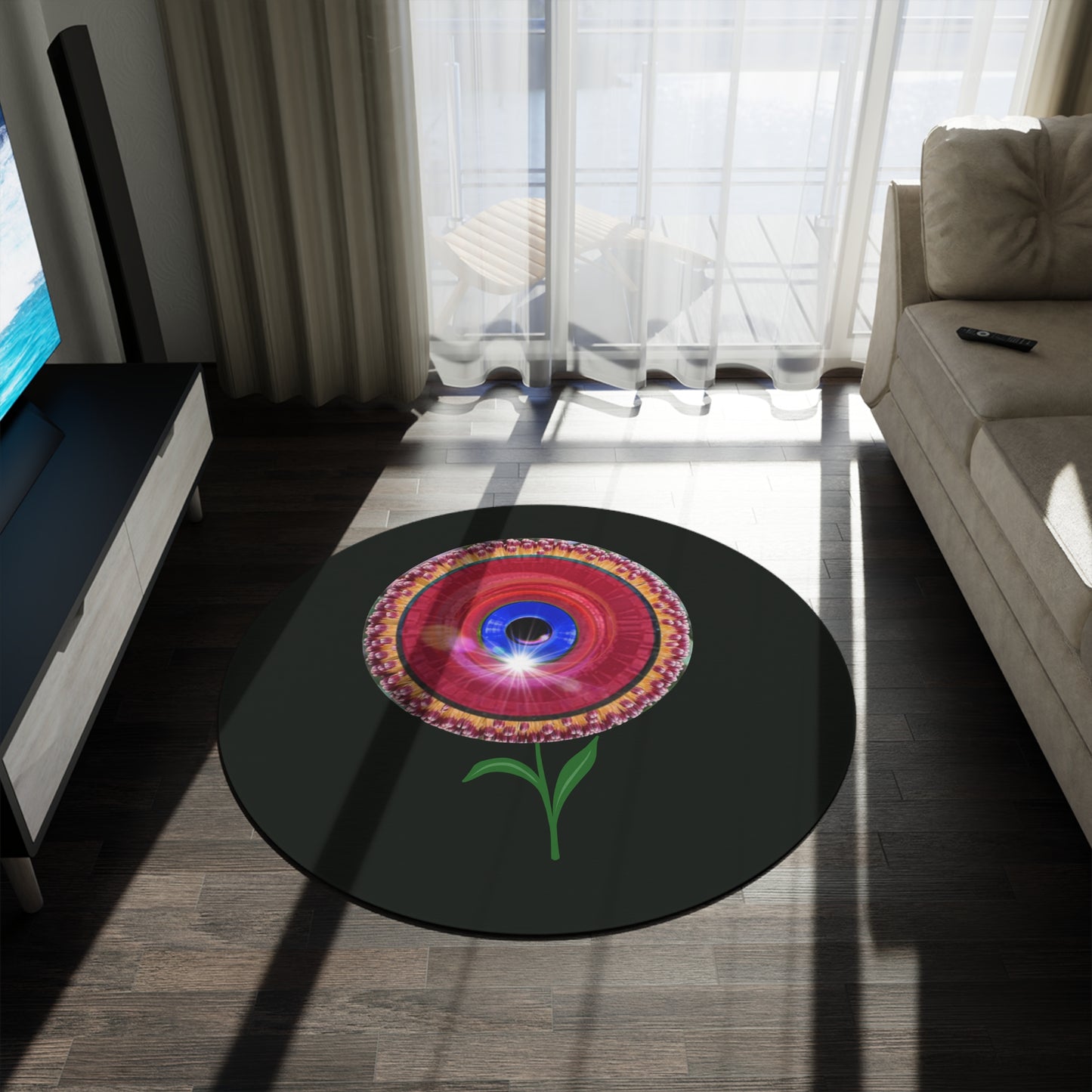 Round Room - 5 ft x 5 ft Lumpy Donut Rug - "Smell The Donuts Inside On My Rug" - red flour donut w/midnight moss green background - variant 1