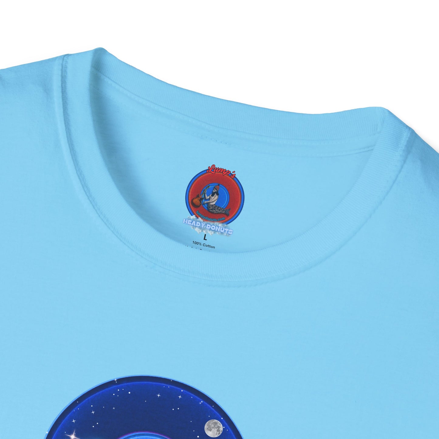 Classic Donut Tee - Unisex Soft-Style - "The Hopeful Waving Donut" - variant 2 - vivid blue donut