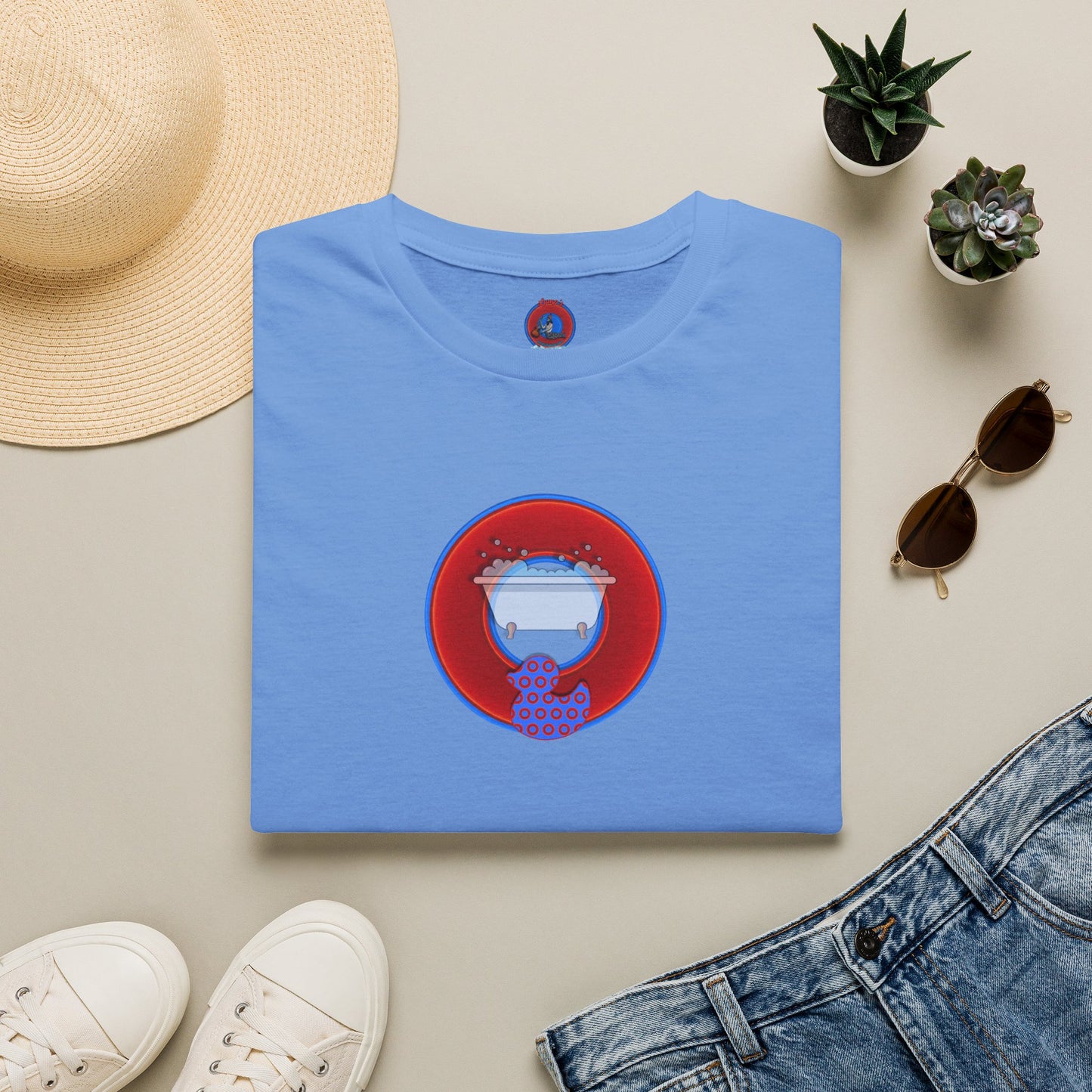 Classic Donut Tee - Unisex Soft-Style - "Rubber Ducky Bath Time Donut" - vivid red/blue donut - w/bathtub - variant 2