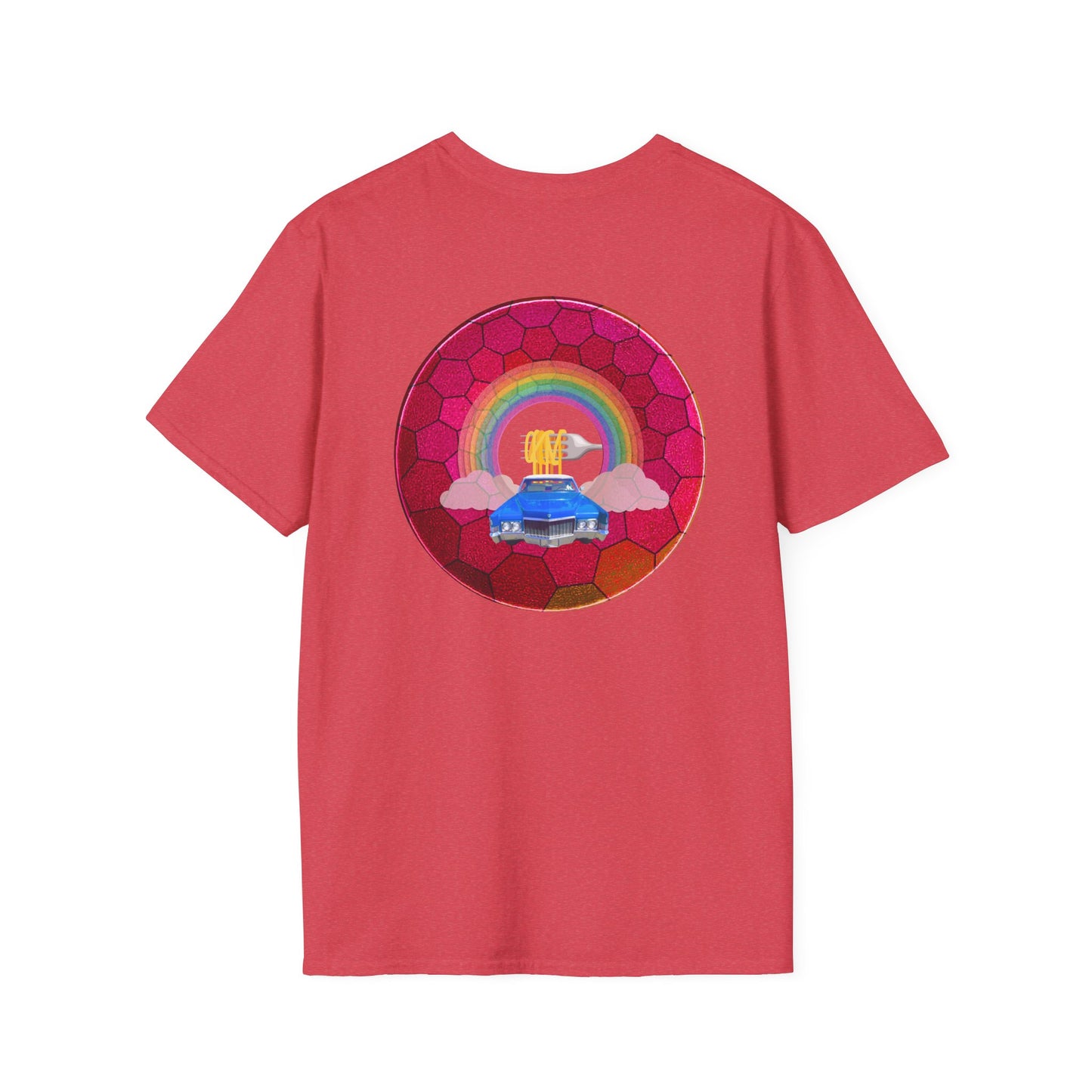 Classic Donut Tee - Unisex Soft-Style - "Cadillac Rainbows Donut Tee " - variant 2 - magenta hexadonut w/blue caddy