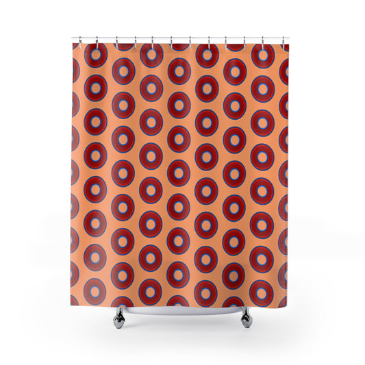 The Curtain With "Donuts" - Lumpy Bath Time Fun - vivid red donuts w/peach background