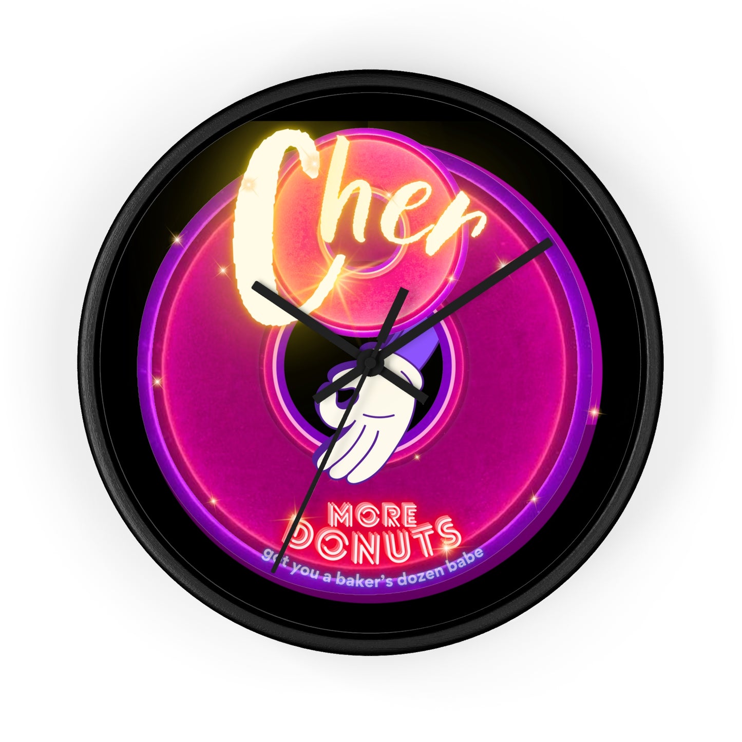 Lumpy Wall Clock - "Cher-ing is Caring Clock" - variant 1 - magenta vivid donut w/black background [*charitable donut]