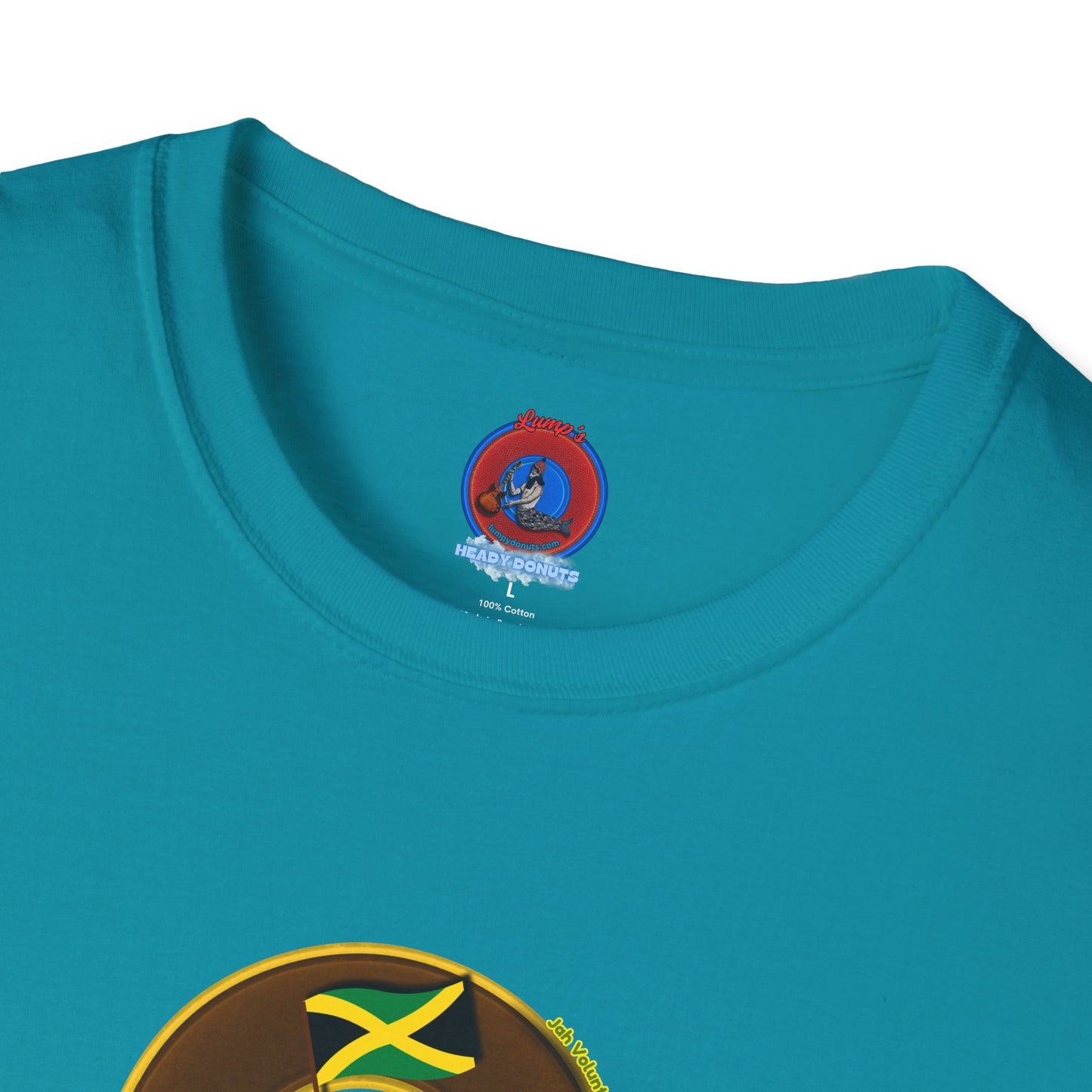 Classic Donut Tee - Unisex Soft-Style - "Jah Volunteers Protect Jah Love... and donuts!" - vivid brown/gold donut