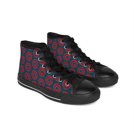 Men's Cushiony Convectors - High Tops - red vivid donuts w/midnight teal green background