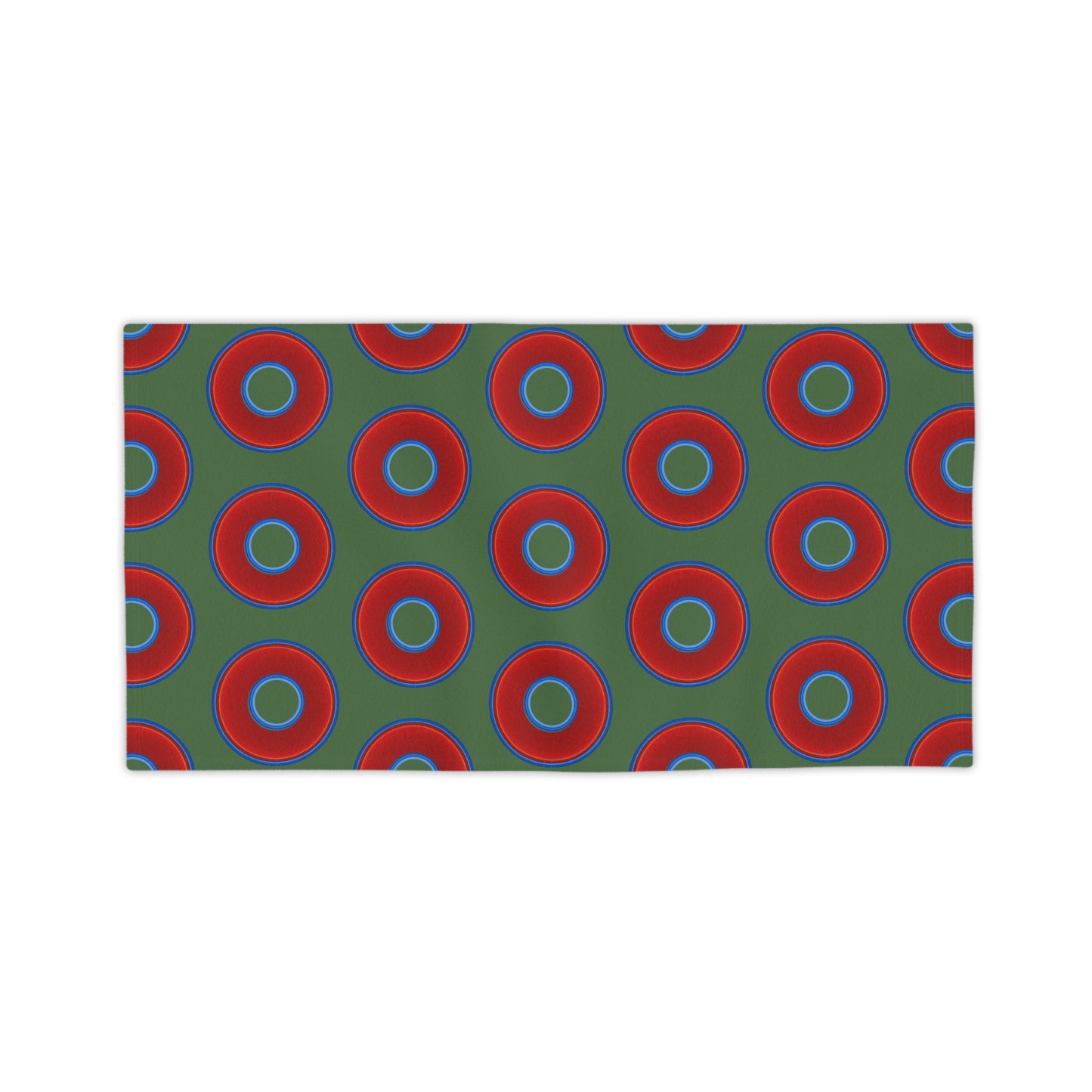 Lumpy Donut Towels - vivid red donuts w/dark green background