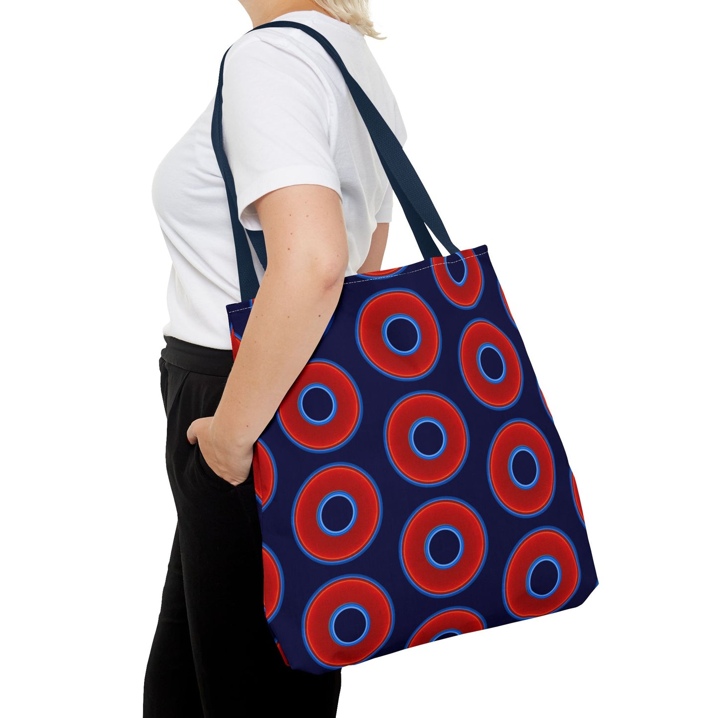 Lumpy Beach/Tote Bag - red vivid donuts w/midnight blue background