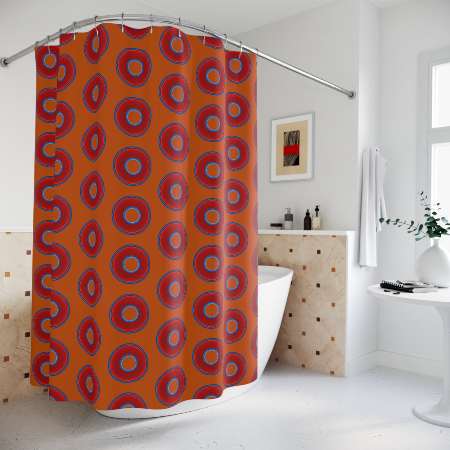 The Curtain With "Donuts" - Lumpy Bath Time Fun - vivid red donuts w/dark orange background