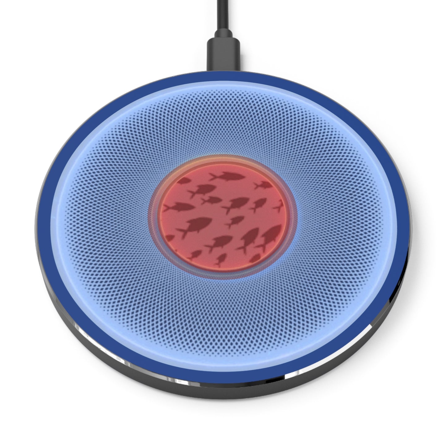 The Flow - Wireless Lumpy Donut Chargers - "Swimming By this Donut Charger" - light blue/red phatty donut w/dark blue background - variant 1