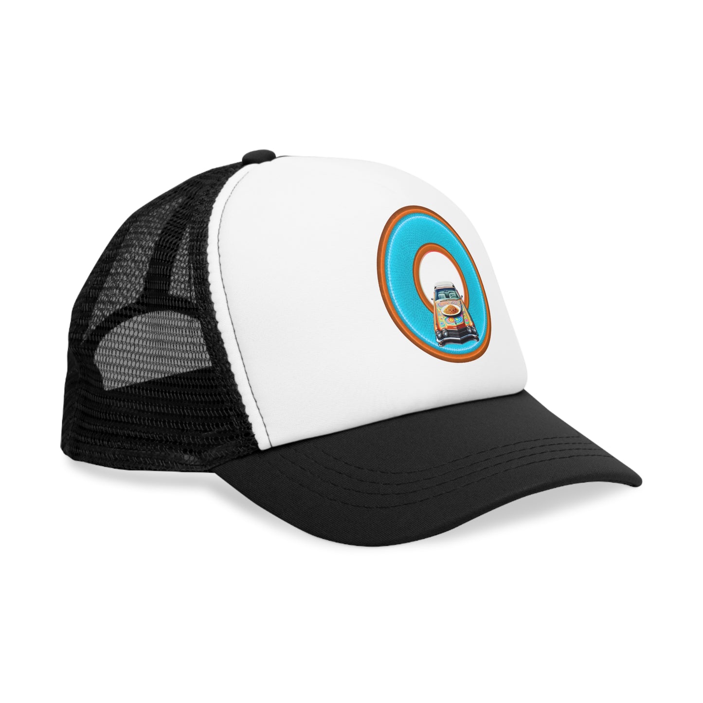 Lumpy Trucker Hat - "Cadillac Rainbows & Eating on the Run" - variant 3 - turquoise/orange donut