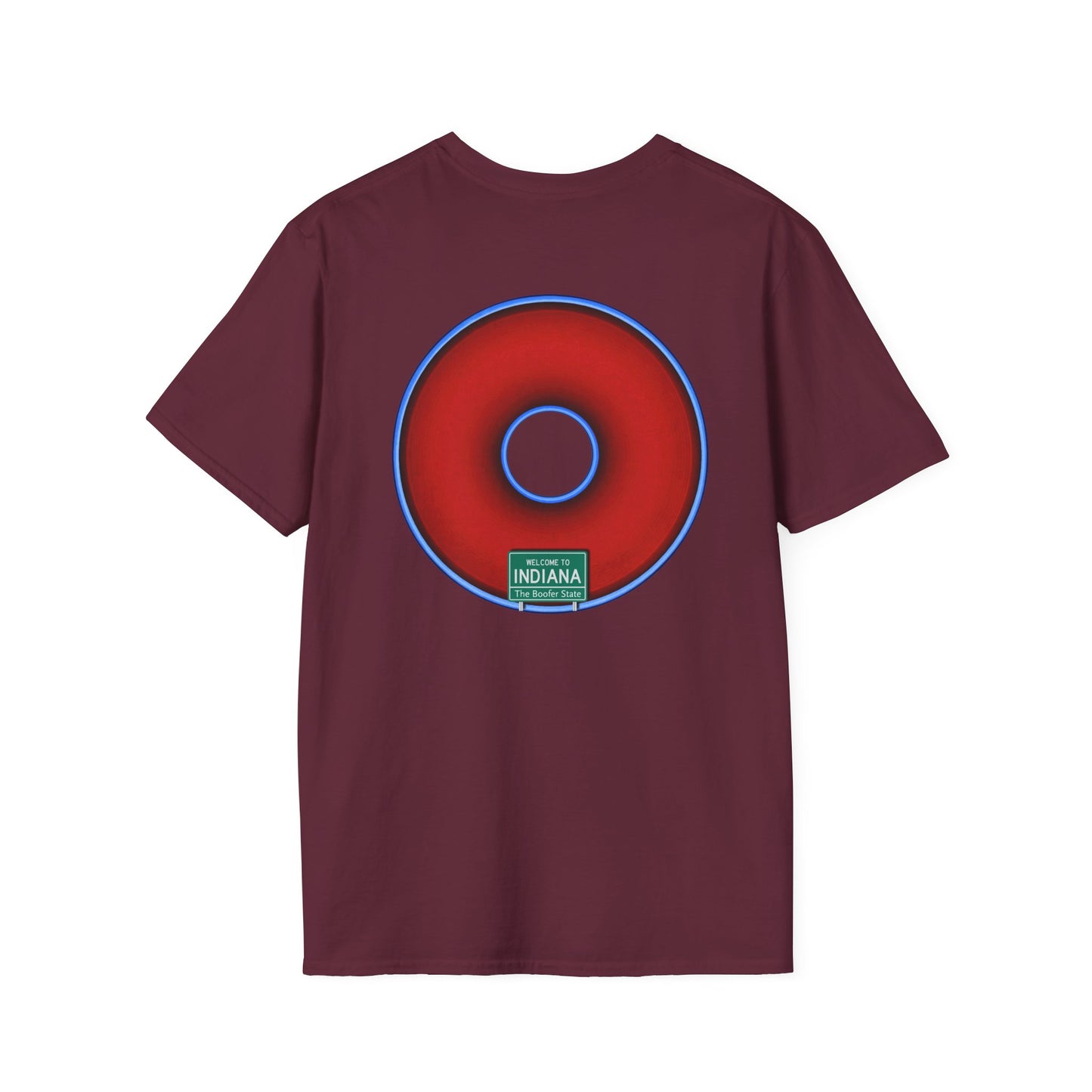 Classic Donut Tee - Unisex Soft-Style - "Indiana is for Boofers" - vivid red/blue plumpy donut - variant 3 - plain