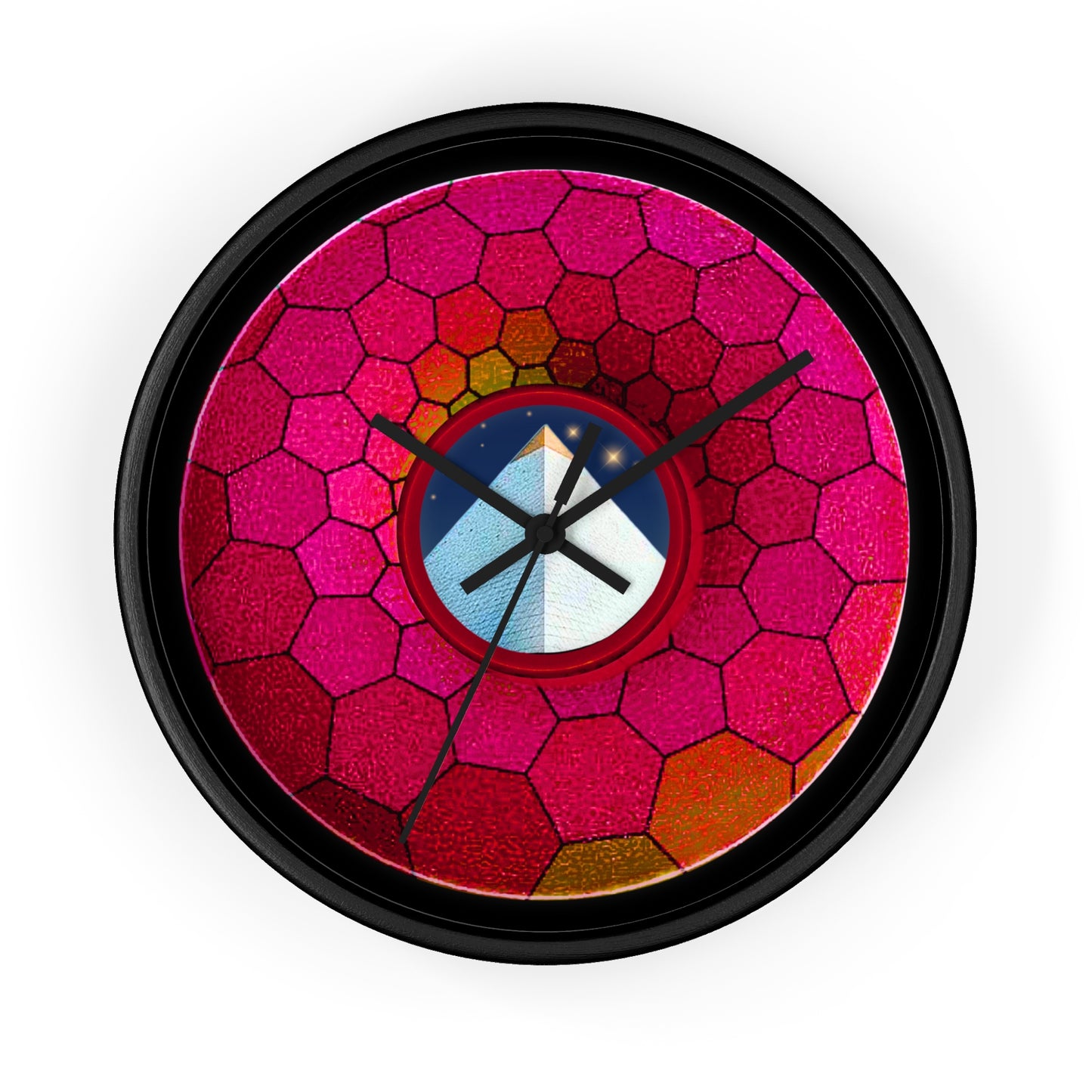 Lumpy Wall Clock - "Limestone Donut Clocks so Large" - variant 5 - magenta hexadonut w/dark crimson background