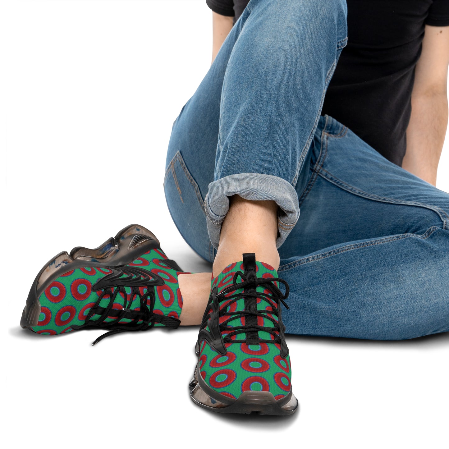 Donut Kicks - red vivid donut print w/jade green background