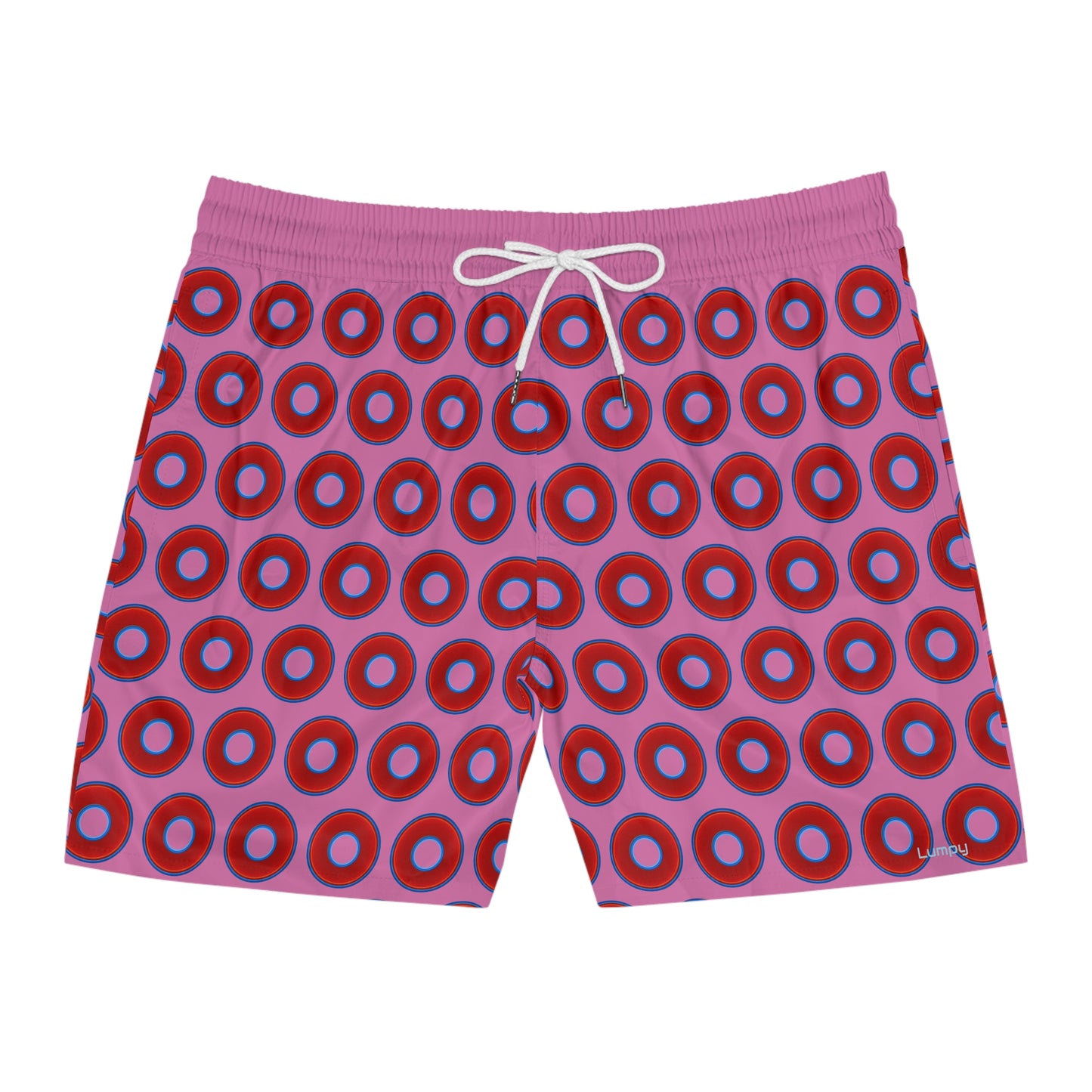 Men's Lumpy Swim Trunks - vivid red donut print w/pink background