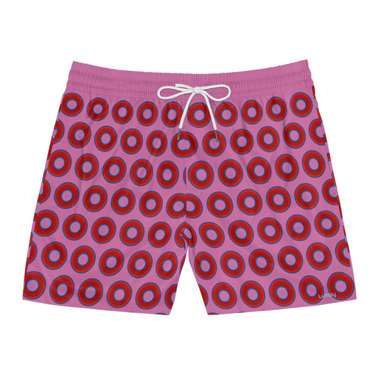 Men's Lumpy Swim Trunks - vivid red donut print w/pink background