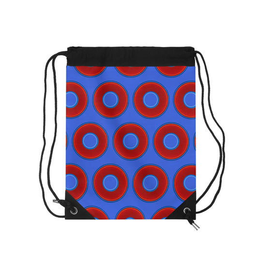 Lumpy Donut Drawstring Bag - red vivid donuts print w/royal blue background